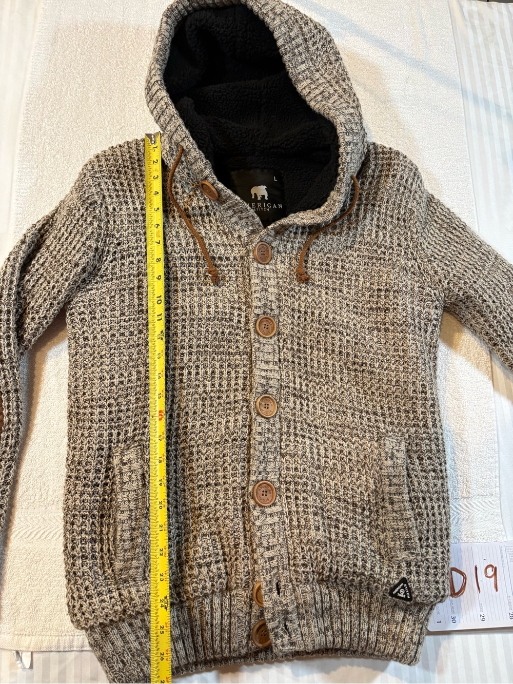 American Stitch Mens L Waffle Knit Sherpa Lined Hooded Cardigan Sweater